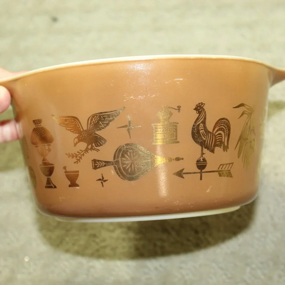 Vintage Pyrex - 3 pc Brown Early American Oval Casserole 043 1.5 QT. w Lid /473